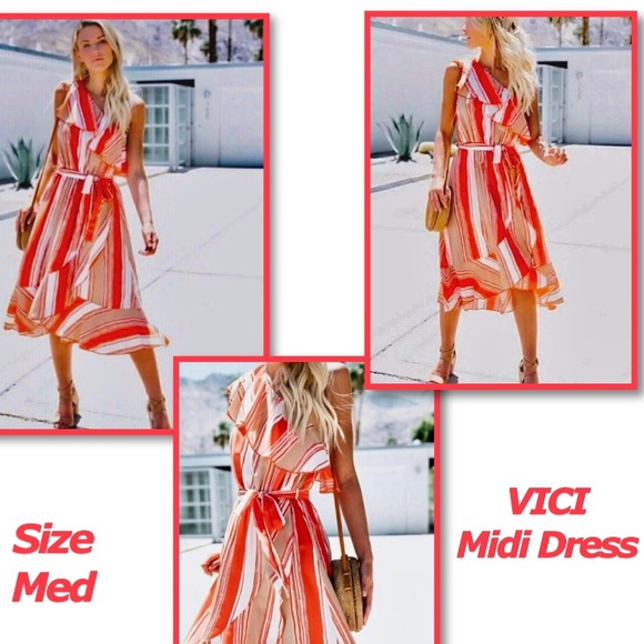 VICI stripe, ruffle one shoulder faux wrap midi dress. w/sash tie M ⚡️FLASH SALE - Picture 4 of 16